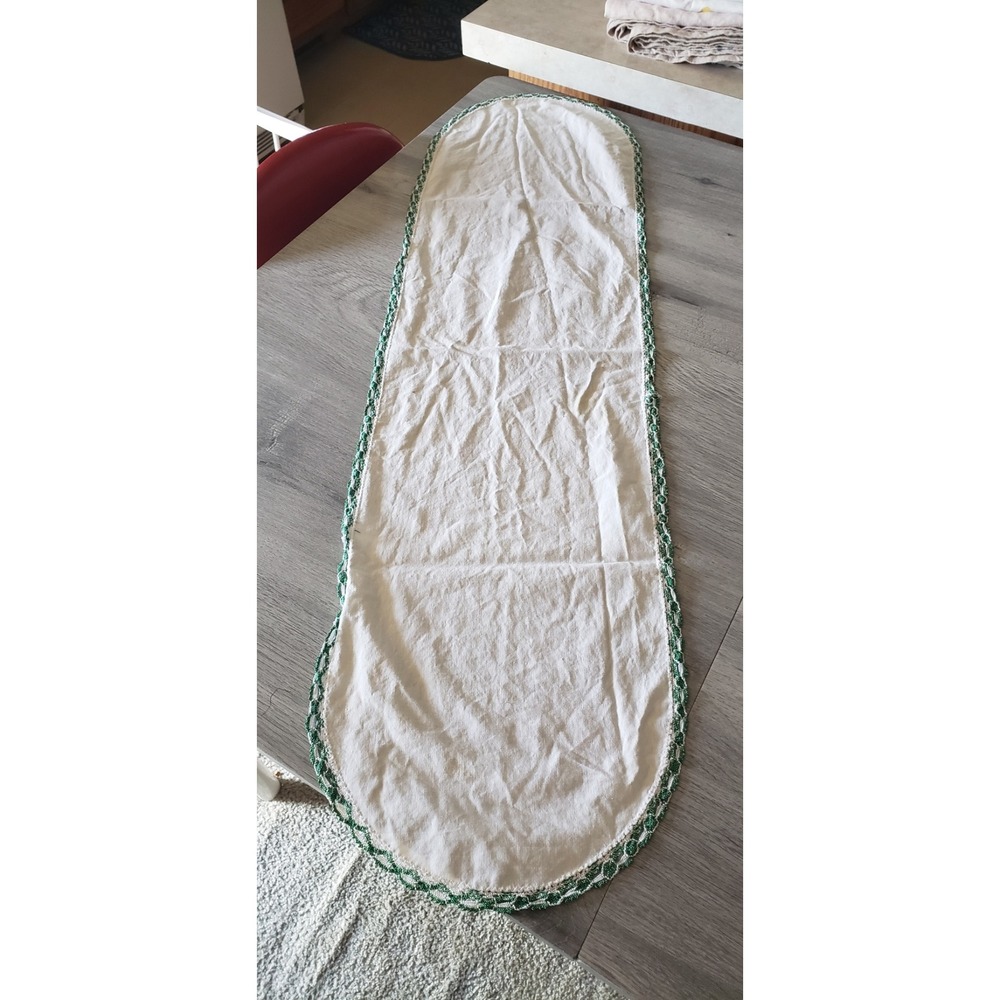 Vintage White Table Runner Green Crochet Lace Trim Oval 35x10.5 Farmhouse Decor